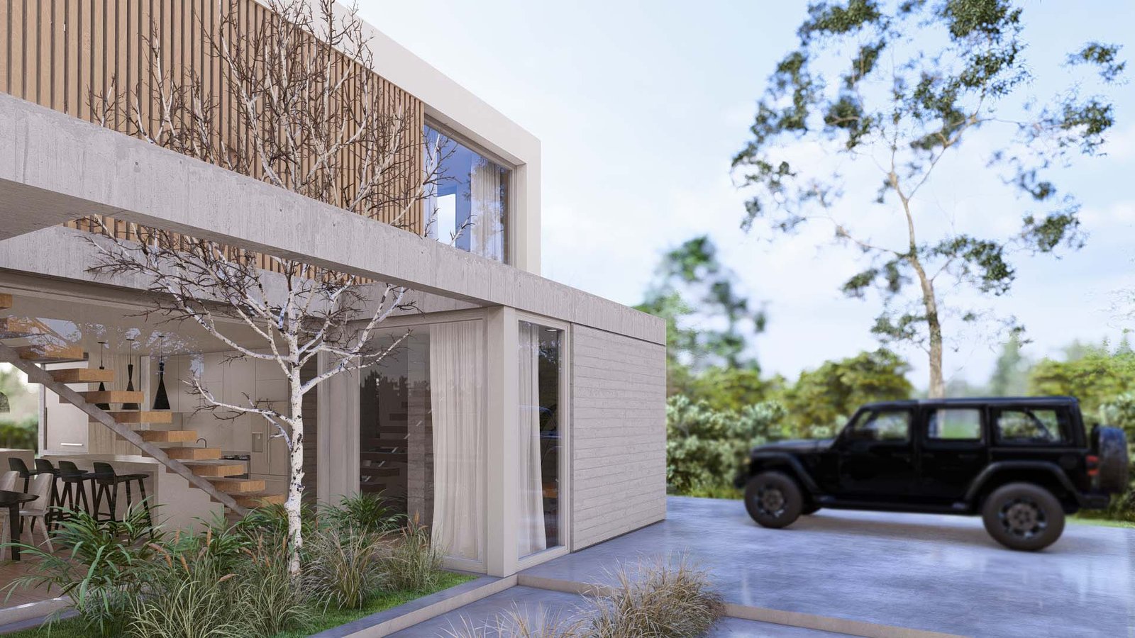 fachada moderna con detalles en madera y jeep negro — proyecto Casa JB, por Hermann Arquitectos, en M775+94